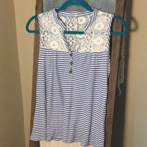 Tank with lace detail and stripe bottom.